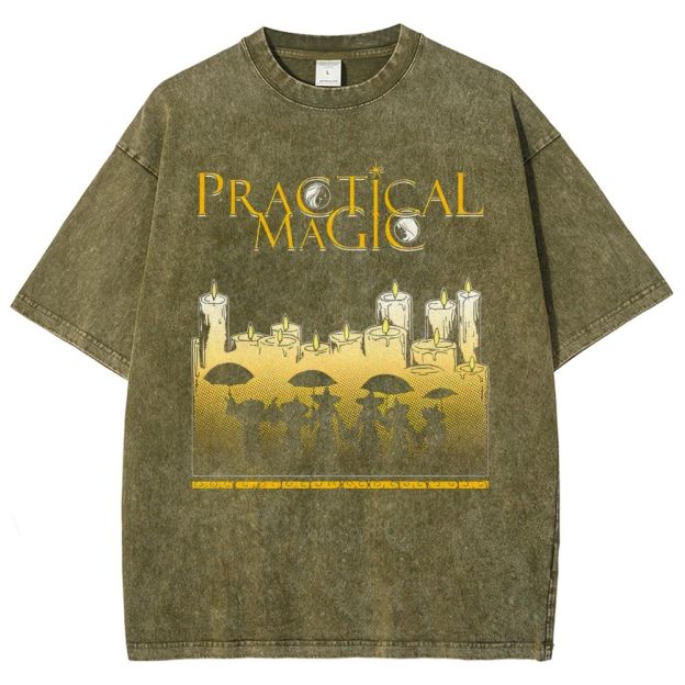 Vintage Witch Ritual Candles Silhouette Retro Gothic Unisex Fit Washed T-Shirt