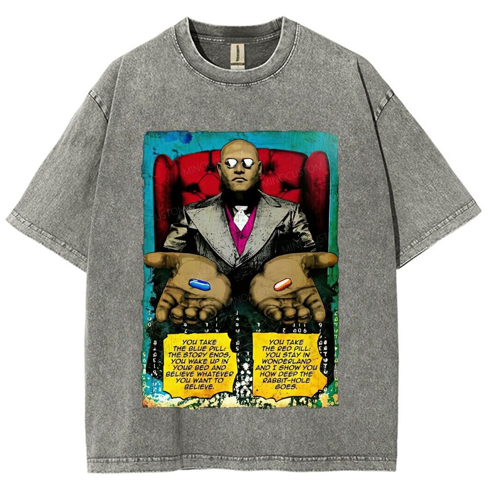 Retro Red Blue Pill Graphic Unisex Fit Washed T-Shirt