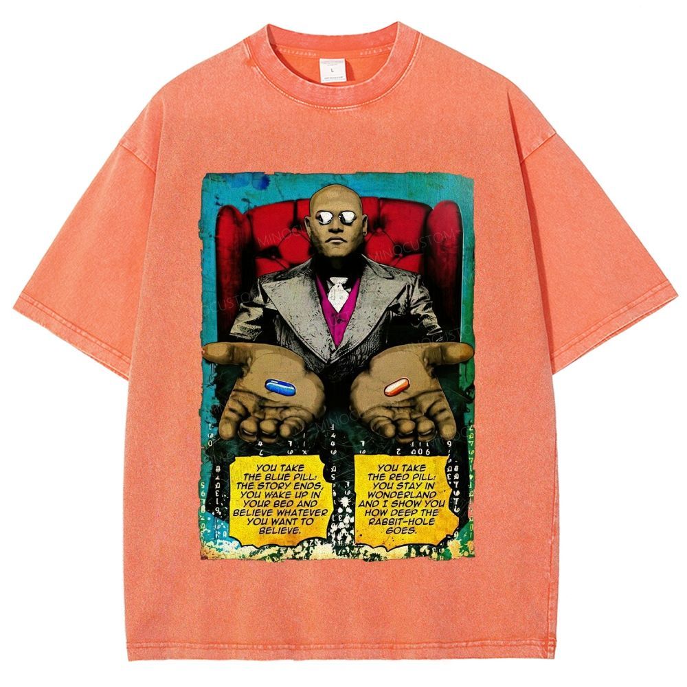 Retro Red Blue Pill Graphic Unisex Fit Washed T-Shirt