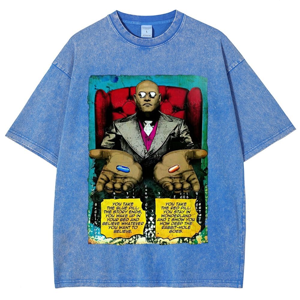 Retro Red Blue Pill Graphic Unisex Fit Washed T-Shirt