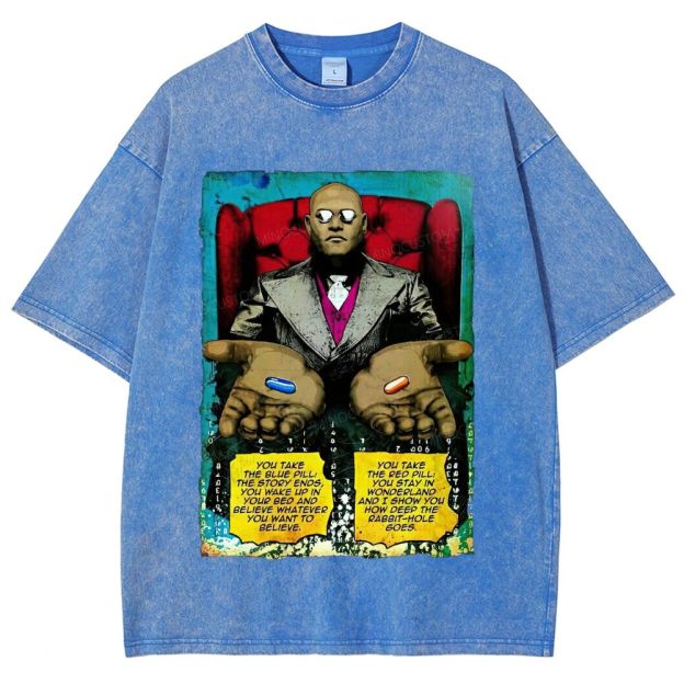 Retro Red Blue Pill Graphic Unisex Fit Washed T-Shirt