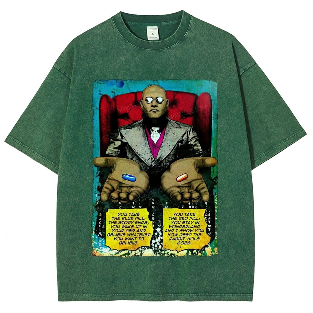 Retro Red Blue Pill Graphic Unisex Fit Washed T-Shirt
