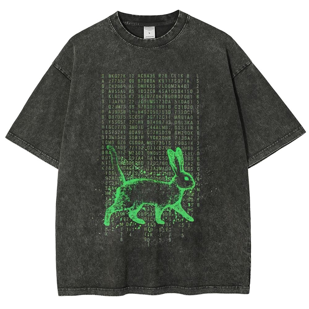 Cyber Green Matrix Glitch Rabbit Unisex Fit Washed T-Shirt