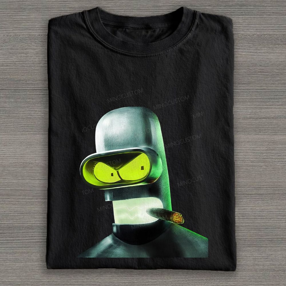 Dark Neon Sci‑Fi Robot Portrait Graphic Cotton T-shirt