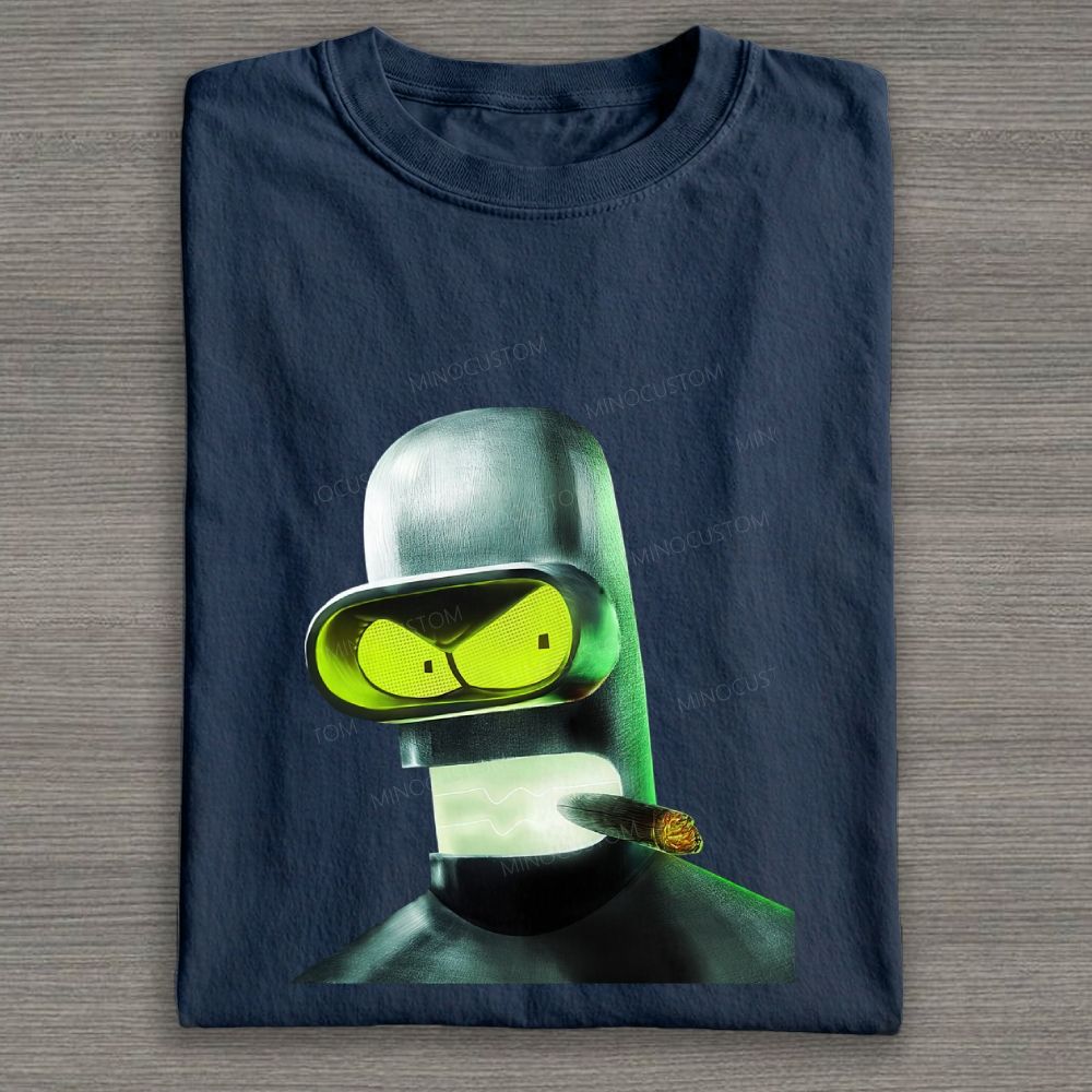 Dark Neon Sci‑Fi Robot Portrait Graphic Cotton T-shirt