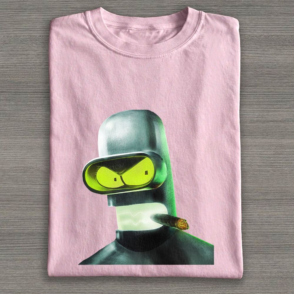 Dark Neon Sci‑Fi Robot Portrait Graphic Cotton T-shirt
