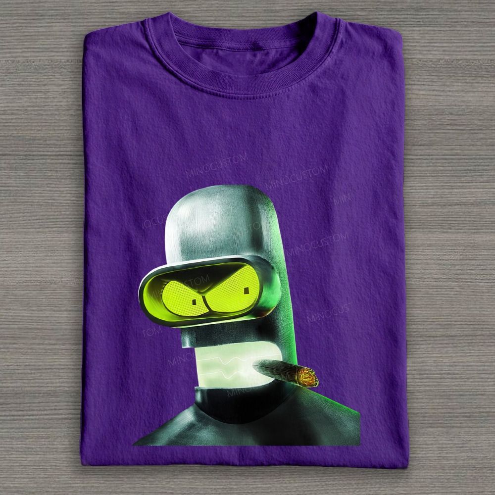 Dark Neon Sci‑Fi Robot Portrait Graphic Cotton T-shirt