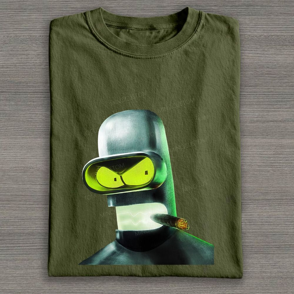 Dark Neon Sci‑Fi Robot Portrait Graphic Cotton T-shirt