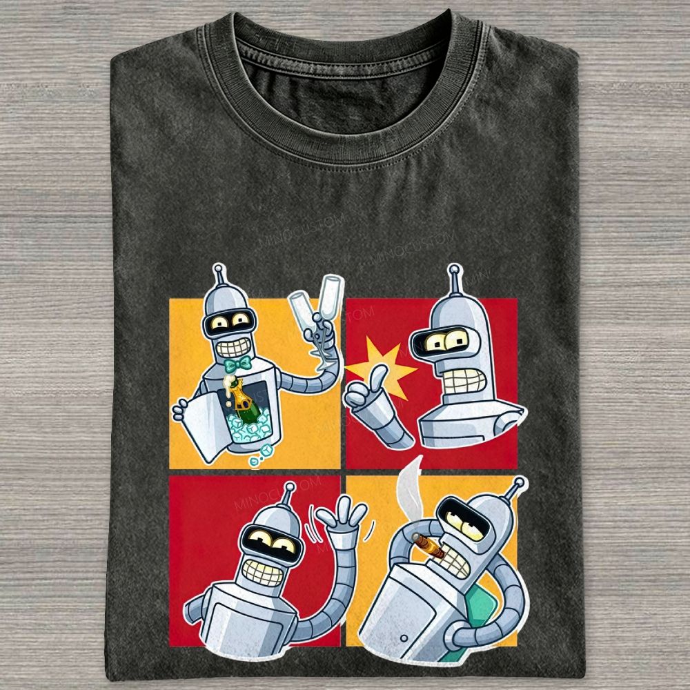 Vintage 4‑Panel Space Robot Sticker Style Washed T-shirt