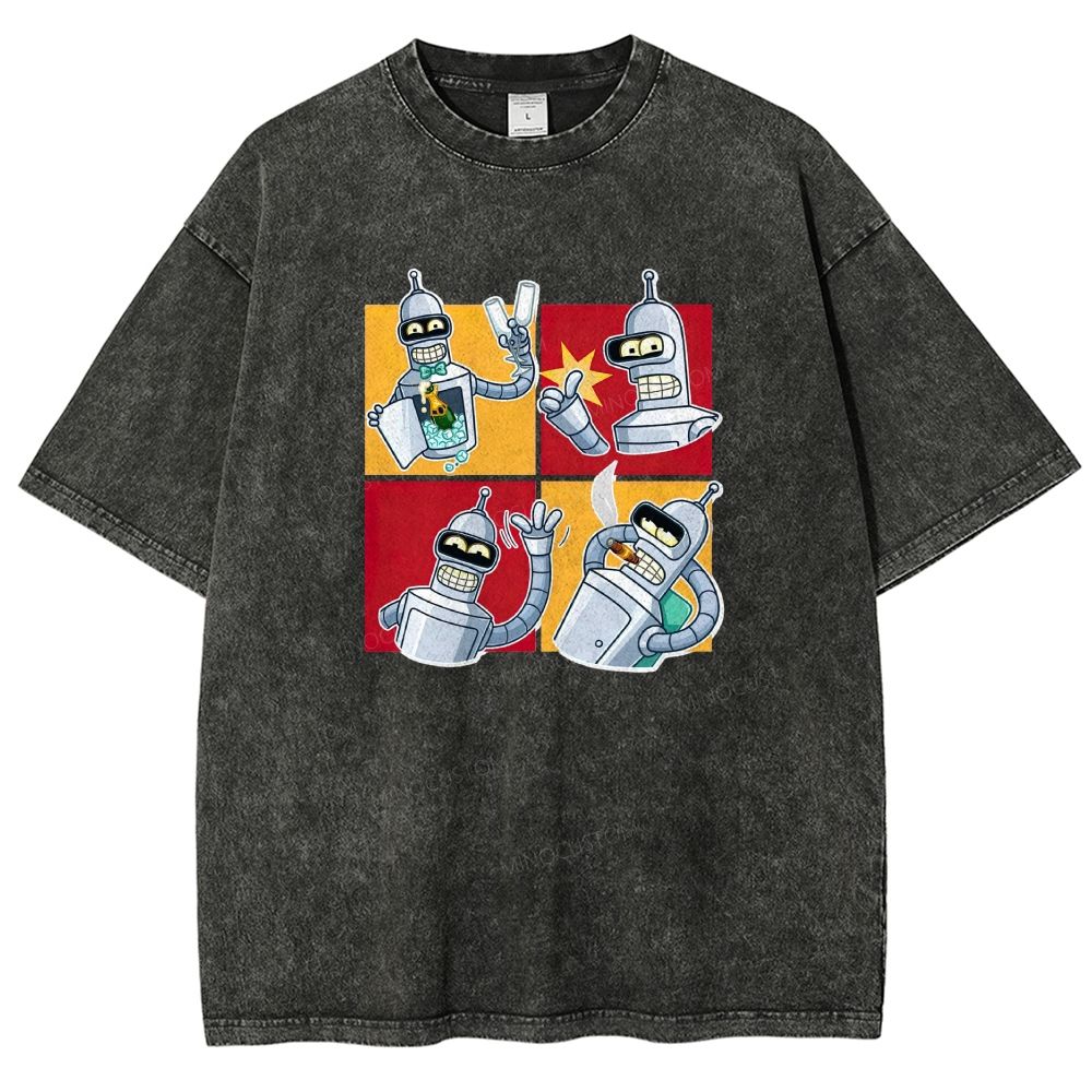 Vintage 4‑Panel Space Robot Sticker Style Washed T-shirt