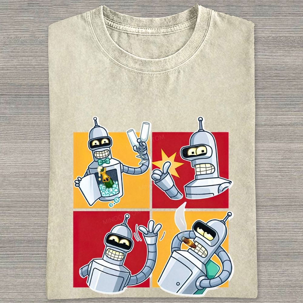 Vintage 4‑Panel Space Robot Sticker Style Washed T-shirt
