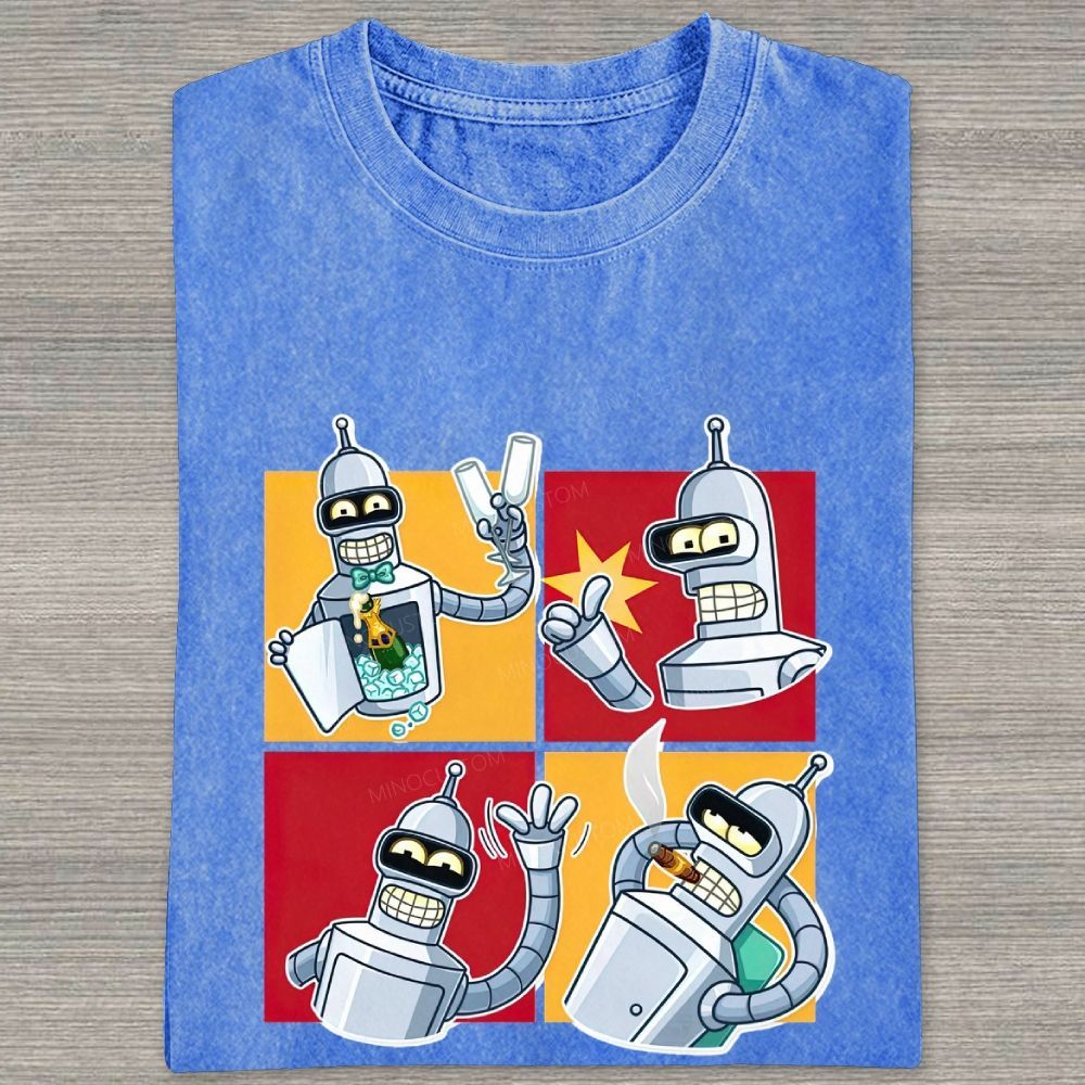 Vintage 4‑Panel Space Robot Sticker Style Washed T-shirt