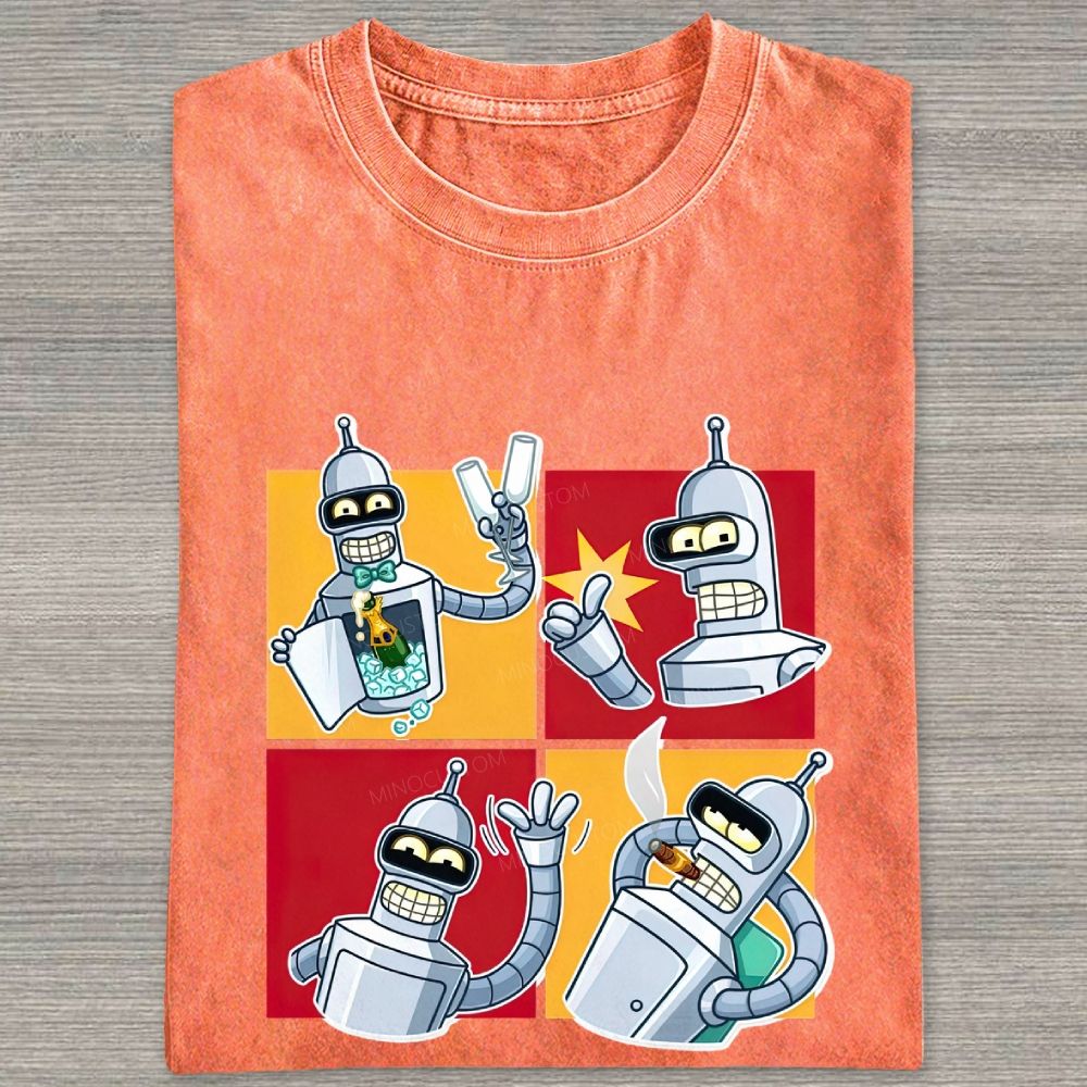 Vintage 4‑Panel Space Robot Sticker Style Washed T-shirt