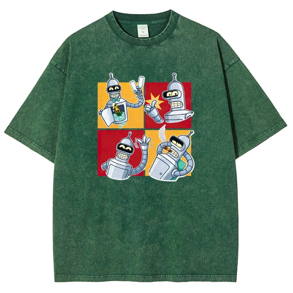 Vintage 4‑Panel Space Robot Sticker Style Washed T-shirt