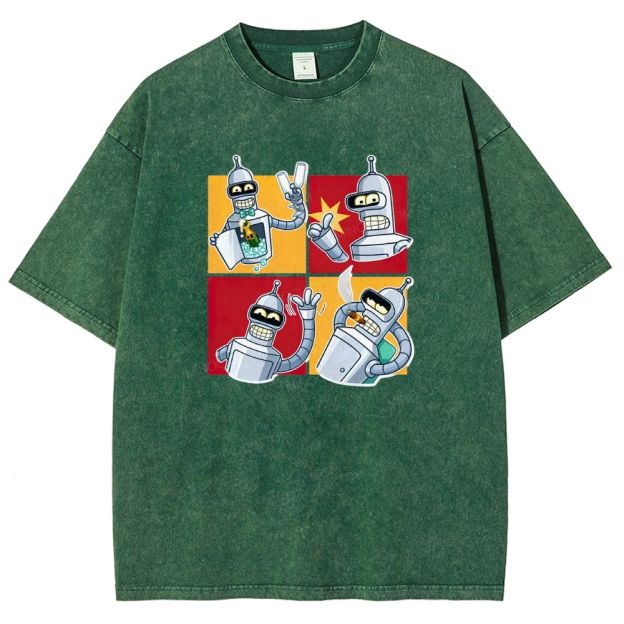 Vintage 4‑Panel Space Robot Sticker Style Washed T-shirt