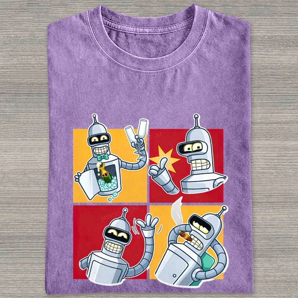 Vintage 4‑Panel Space Robot Sticker Style Washed T-shirt