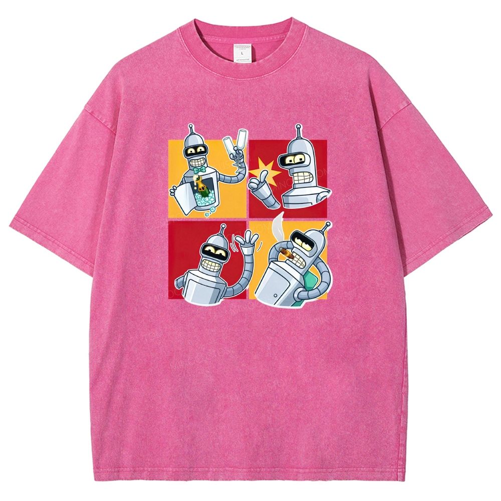 Vintage 4‑Panel Space Robot Sticker Style Washed T-shirt