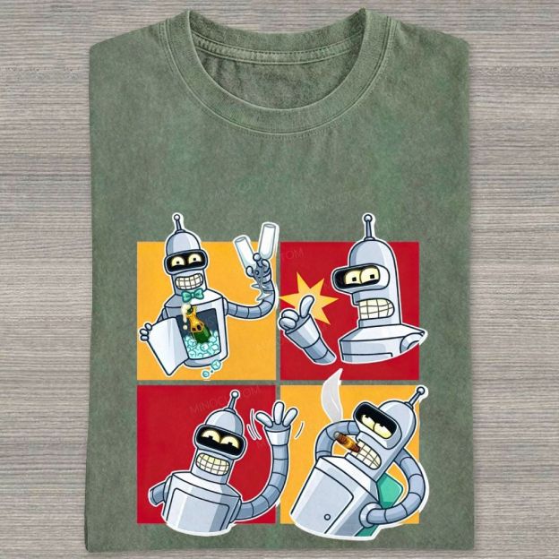 Vintage 4‑Panel Space Robot Sticker Style Washed T-shirt