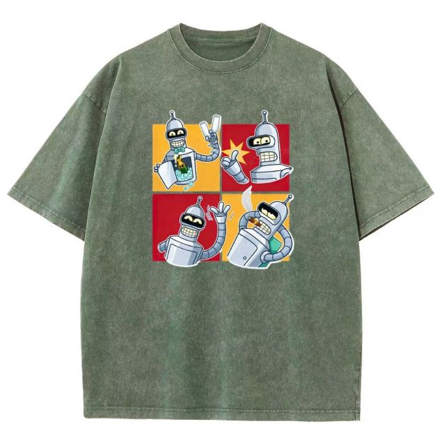Vintage 4‑Panel Space Robot Sticker Style Washed T-shirt