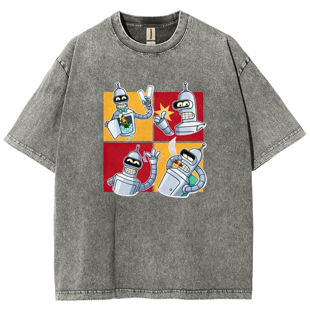 Vintage 4‑Panel Space Robot Sticker Style Washed T-shirt