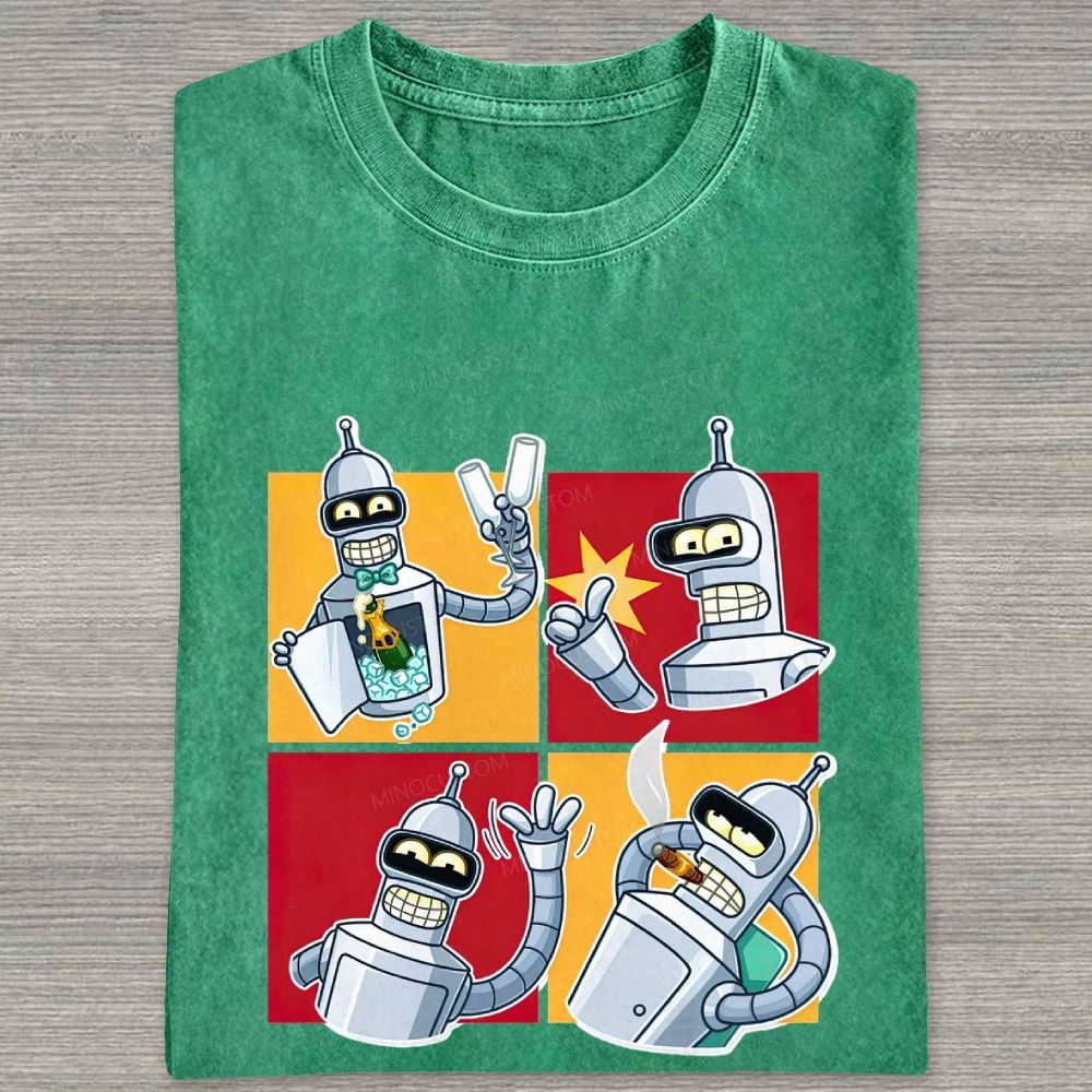 Vintage 4‑Panel Space Robot Sticker Style Washed T-shirt