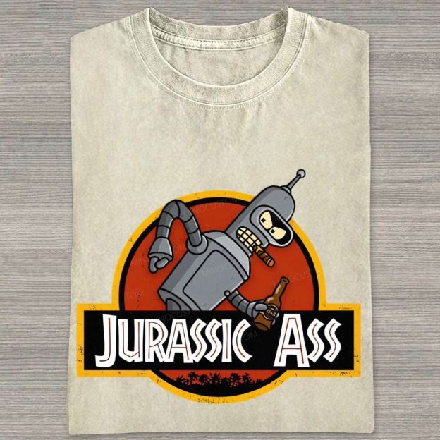 Retro Parody Space Robot Circular Badge Washed T-shirt