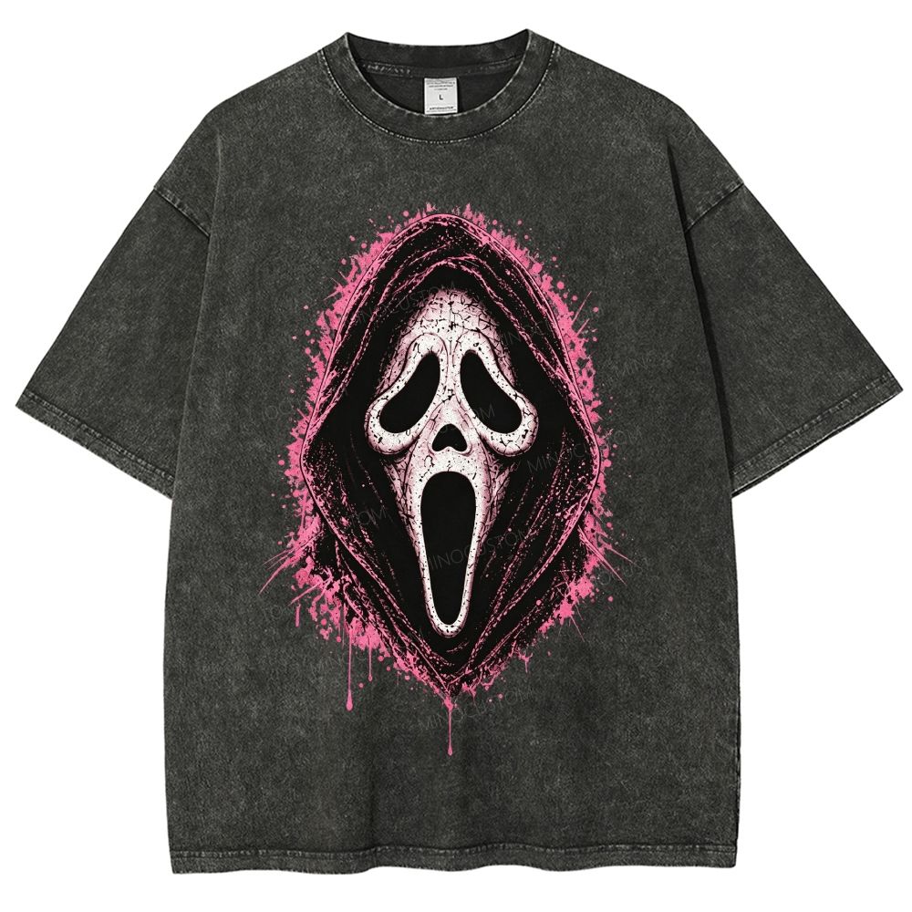 Pink Splatter Grim Reaper Mask Horror Dark Unisex Fit Washed T-Shirt