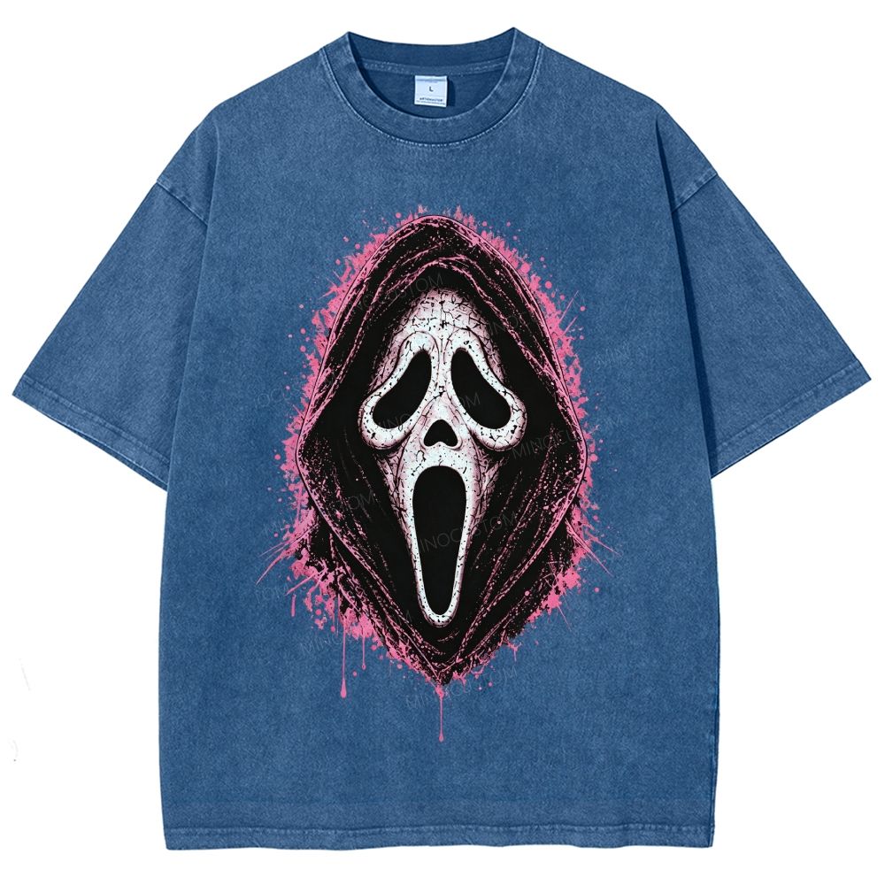 Pink Splatter Grim Reaper Mask Horror Dark Unisex Fit Washed T-Shirt
