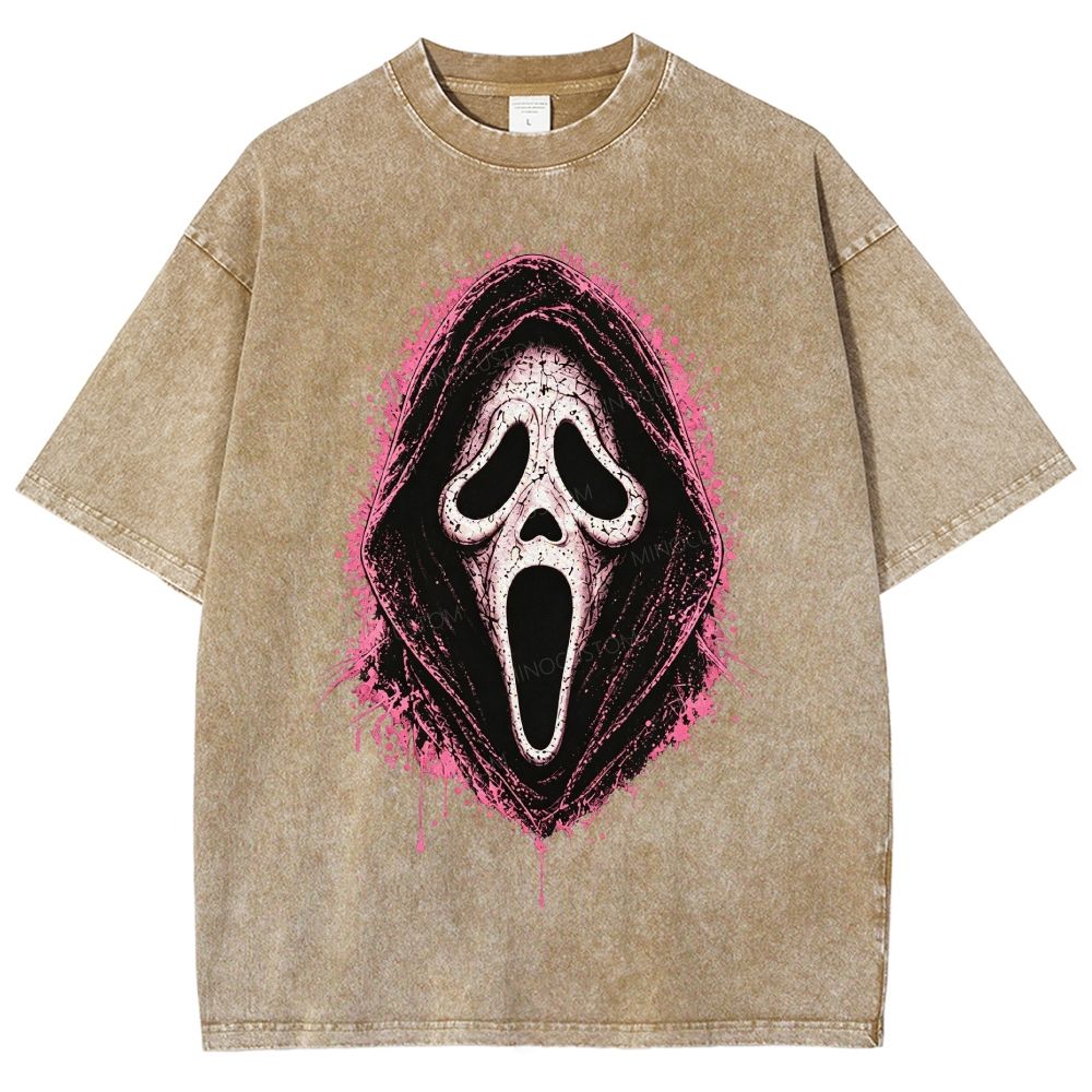 Pink Splatter Grim Reaper Mask Horror Dark Unisex Fit Washed T-Shirt