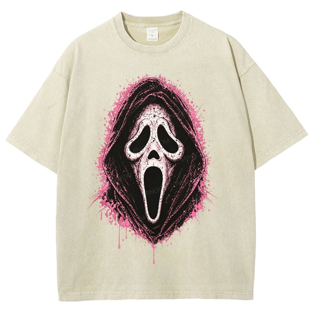 Pink Splatter Grim Reaper Mask Horror Dark Unisex Fit Washed T-Shirt