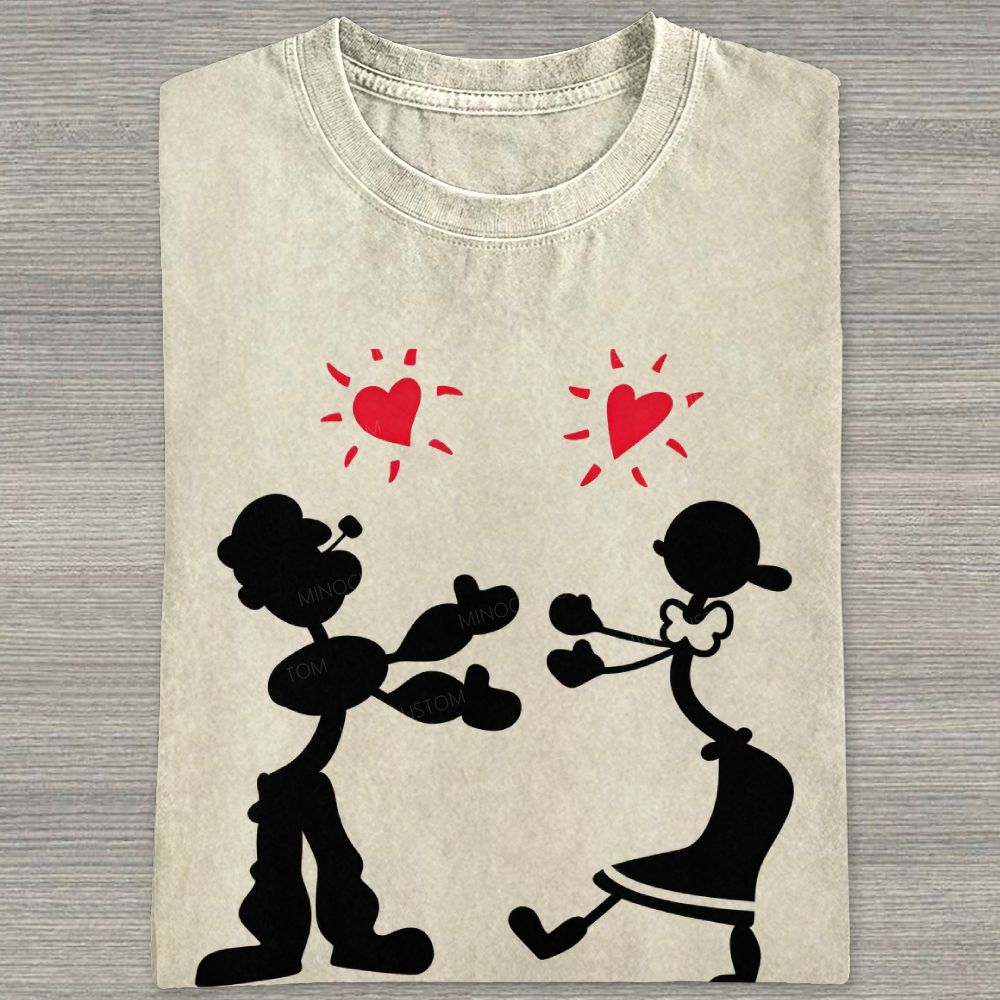 Vintage Retro Cartoon Couple Silhouette Heart Love Washed T-shirt