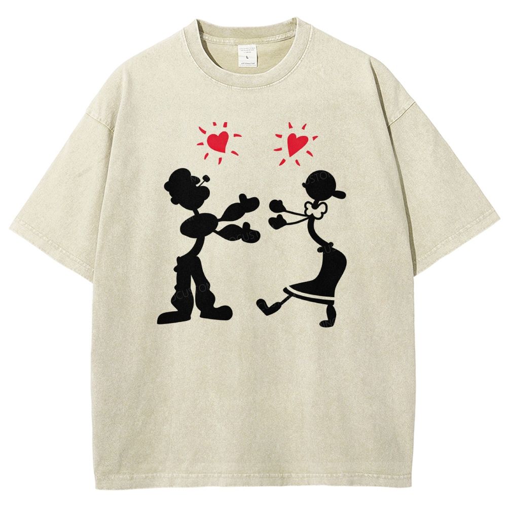 Vintage Retro Cartoon Couple Silhouette Heart Love Washed T-shirt