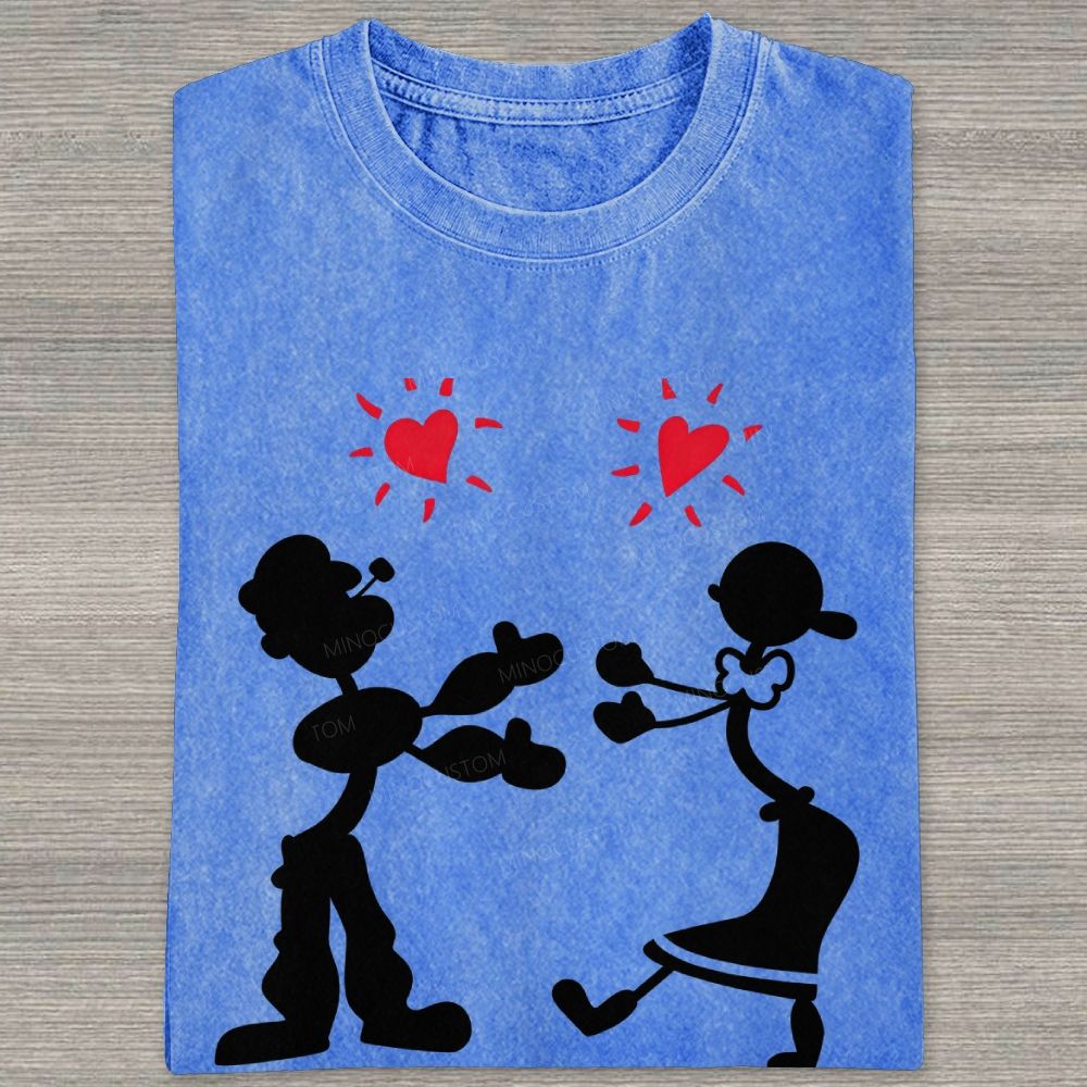 Vintage Retro Cartoon Couple Silhouette Heart Love Washed T-shirt