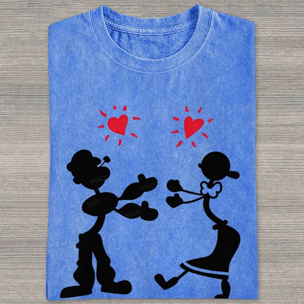 Vintage Retro Cartoon Couple Silhouette Heart Love Washed T-shirt