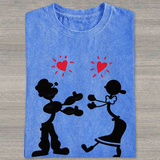 Vintage Retro Cartoon Couple Silhouette Heart Love Washed T-shirt