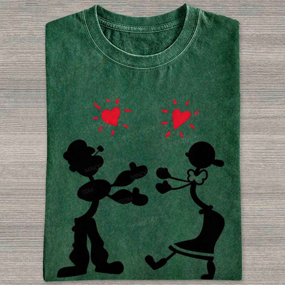 Vintage Retro Cartoon Couple Silhouette Heart Love Washed T-shirt