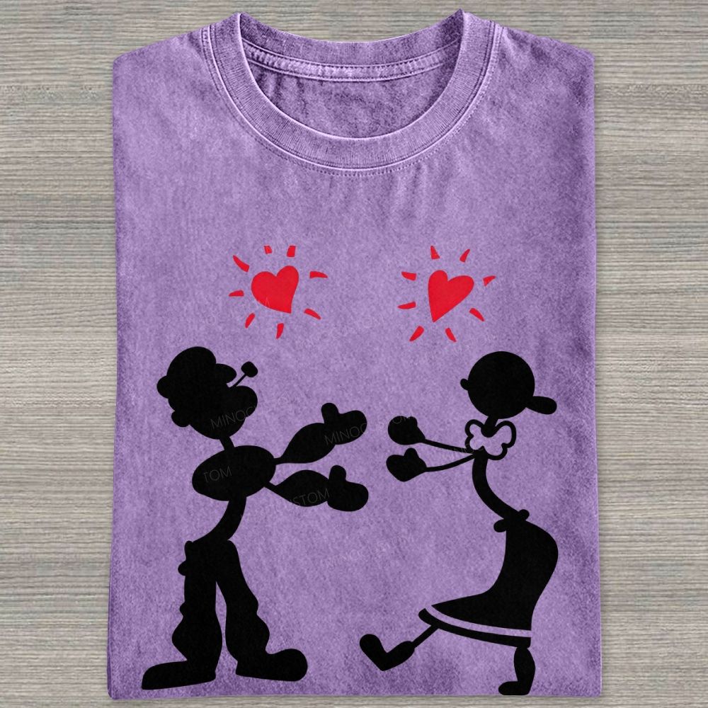 Vintage Retro Cartoon Couple Silhouette Heart Love Washed T-shirt