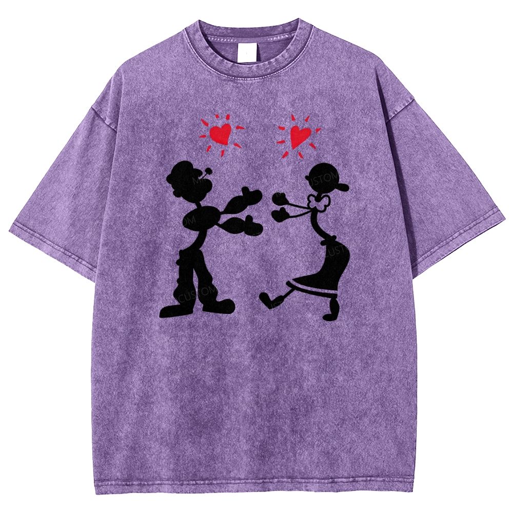 Vintage Retro Cartoon Couple Silhouette Heart Love Washed T-shirt