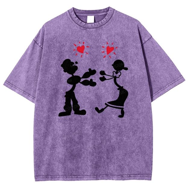 Vintage Retro Cartoon Couple Silhouette Heart Love Washed T-shirt