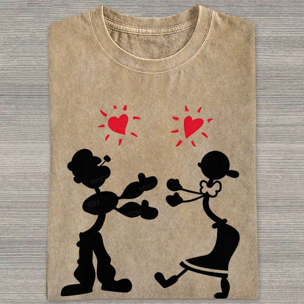 Vintage Retro Cartoon Couple Silhouette Heart Love Washed T-shirt