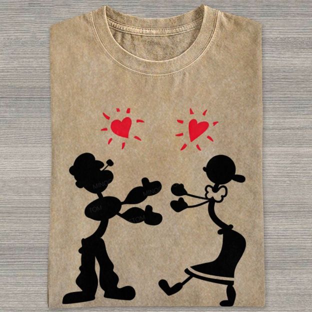 Vintage Retro Cartoon Couple Silhouette Heart Love Washed T-shirt