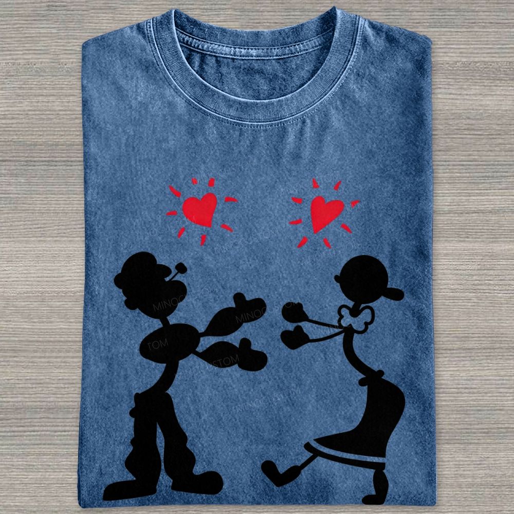 Vintage Retro Cartoon Couple Silhouette Heart Love Washed T-shirt