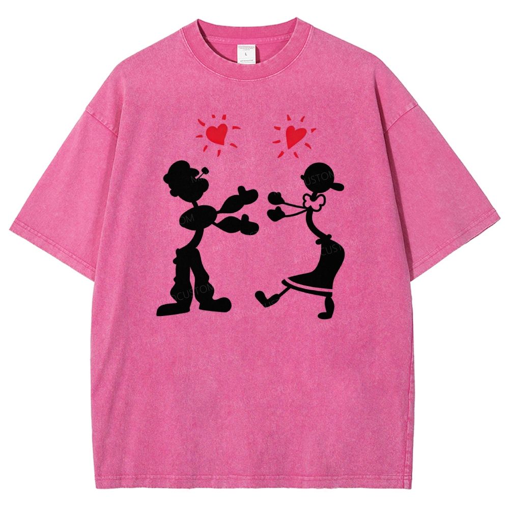 Vintage Retro Cartoon Couple Silhouette Heart Love Washed T-shirt