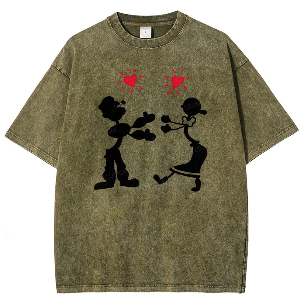 Vintage Retro Cartoon Couple Silhouette Heart Love Washed T-shirt