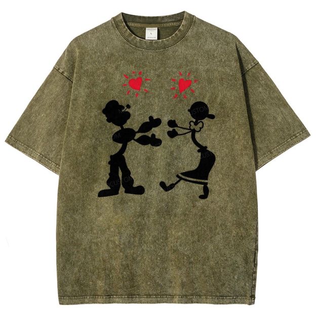 Vintage Retro Cartoon Couple Silhouette Heart Love Washed T-shirt