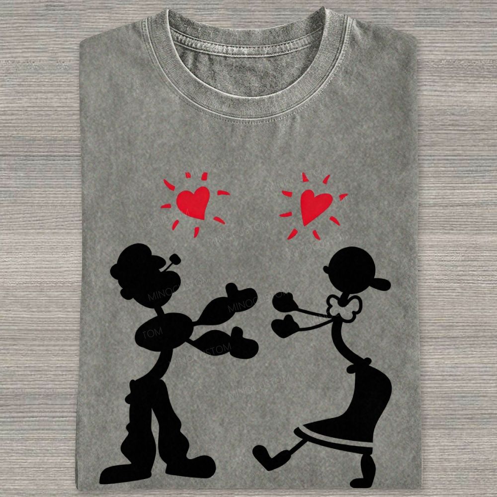 Vintage Retro Cartoon Couple Silhouette Heart Love Washed T-shirt