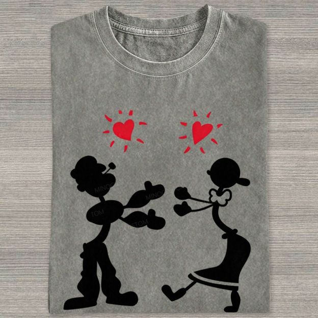 Vintage Retro Cartoon Couple Silhouette Heart Love Washed T-shirt