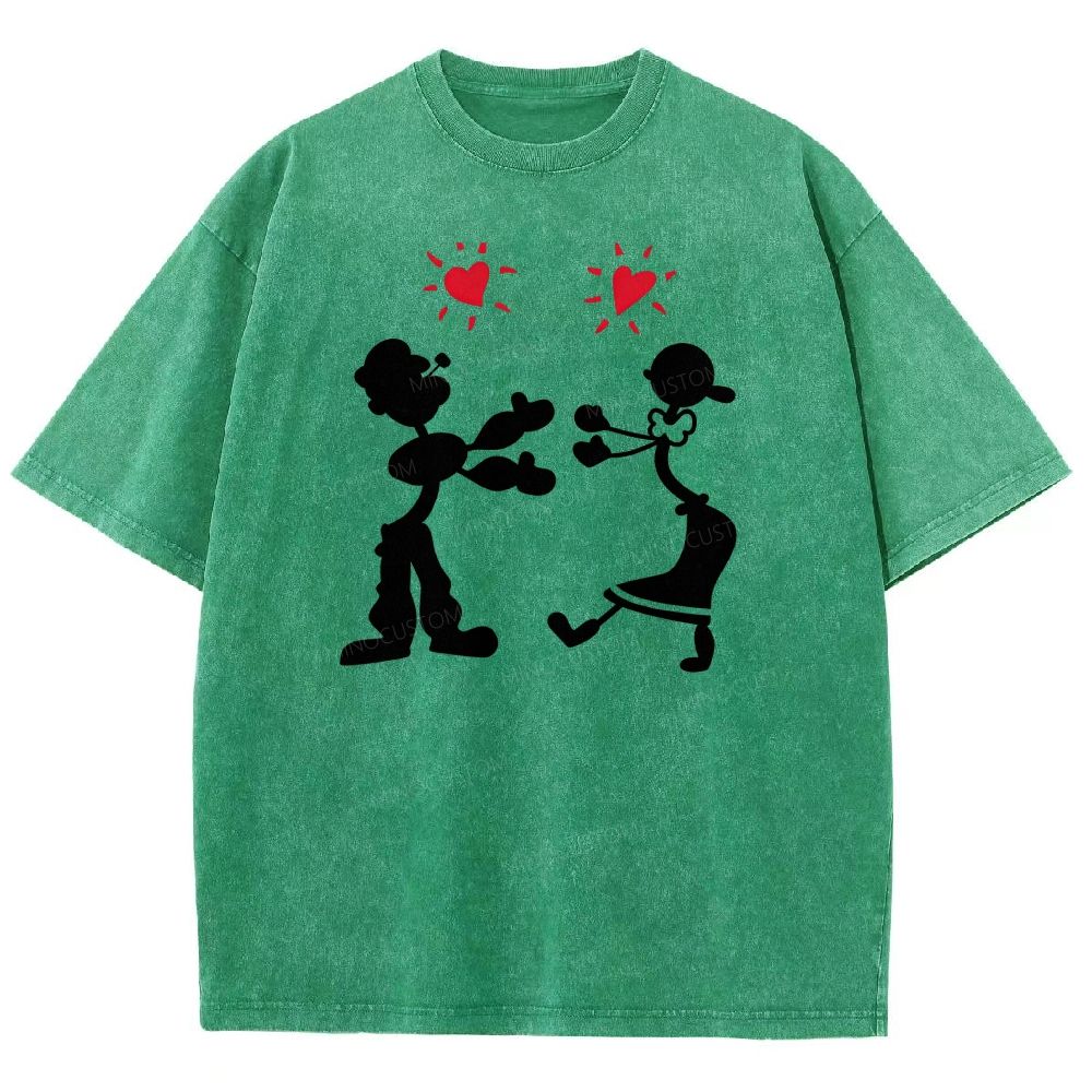 Vintage Retro Cartoon Couple Silhouette Heart Love Washed T-shirt