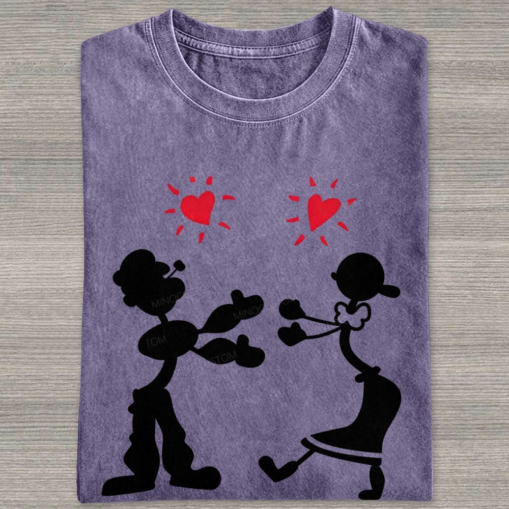 Vintage Retro Cartoon Couple Silhouette Heart Love Washed T-shirt