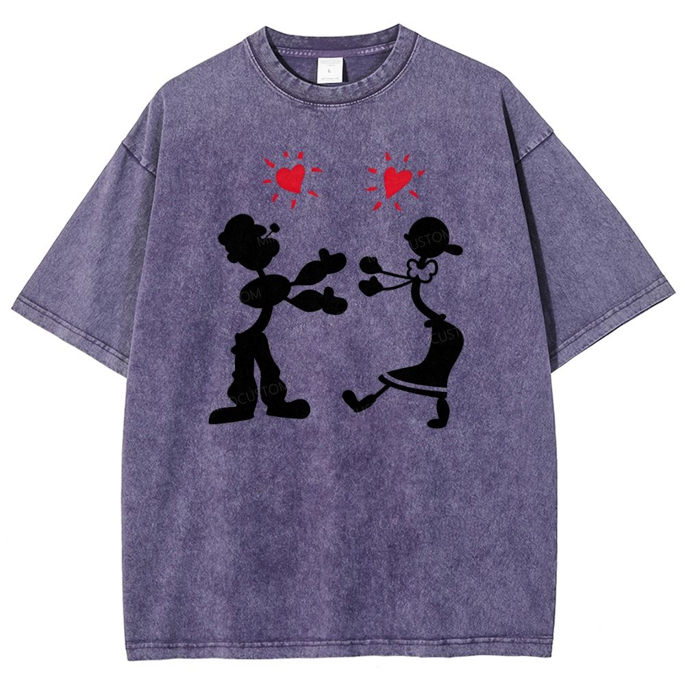 Vintage Retro Cartoon Couple Silhouette Heart Love Washed T-shirt